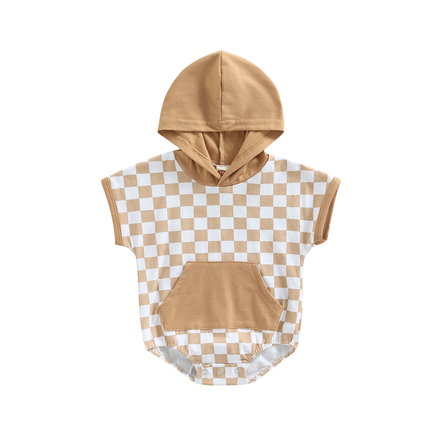 Baby Girls Boys Short Sleeve Checker Print Front Pocket Hooded Playsuit Bubble Romper