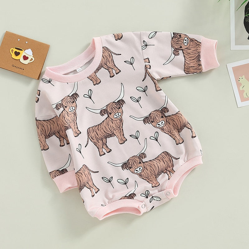 Baby Boy Girl Bodysuit Long Sleeve Crew Neck Bison Highland Cow Bull Print Bubble Romper