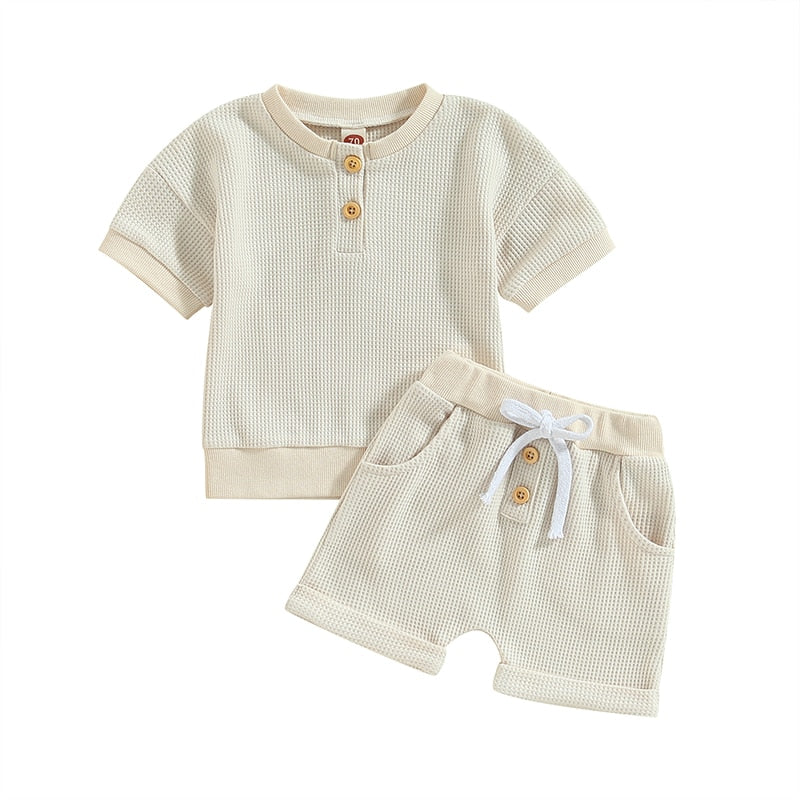 Infant Baby Girls Boys Waffle Knit Outfits Crew Neck Short Sleeve Top with Buttons and Cute Shorts