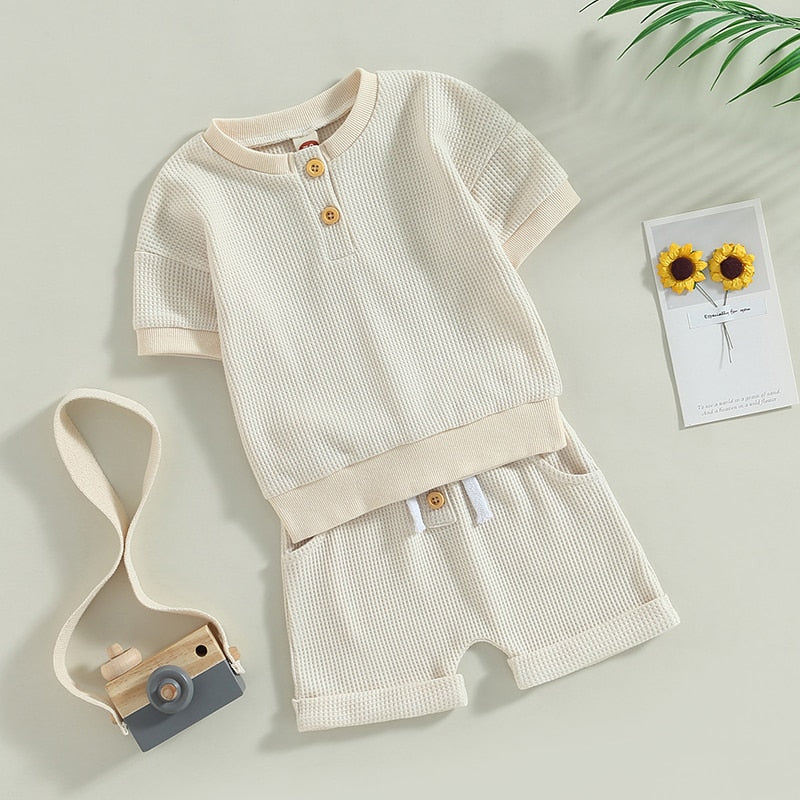 Infant Baby Girls Boys Waffle Knit Outfits Crew Neck Short Sleeve Top with Buttons and Cute Shorts