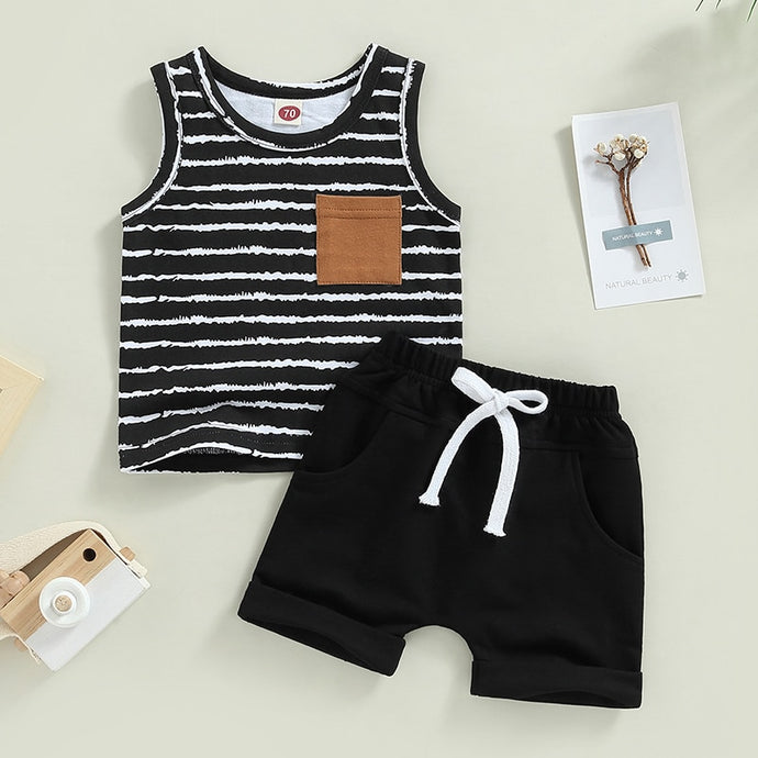 Toddler Baby Boy 2Pcs Casual Summer Outfit Striped Tank Top Rolled Cuff Shorts Set