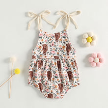 Load image into Gallery viewer, Infant Baby Girls Bodysuit Sling Romper Tie Tank Top Cattle Cow Head Floral Print Bubble Romper
