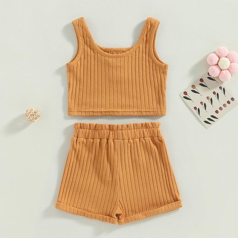 Baby Toddler Girls 2Pcs Summer Outfit Solid Button Tank Top and Ribbed Drawstring Shorts