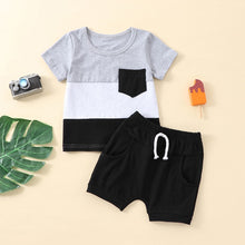 Load image into Gallery viewer, Toddler Kid Boys 2Pcs Color Block Stripe Chest Pocket T-Shirt and Drawstring Shorts Outfit
