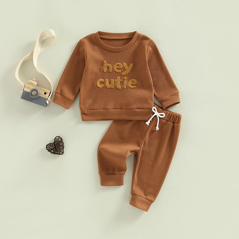 Toddler Baby Girl Boy 2Pcs Hey Cutie Outfit Long Sleeve Ribbed Knit Tops Pants Set