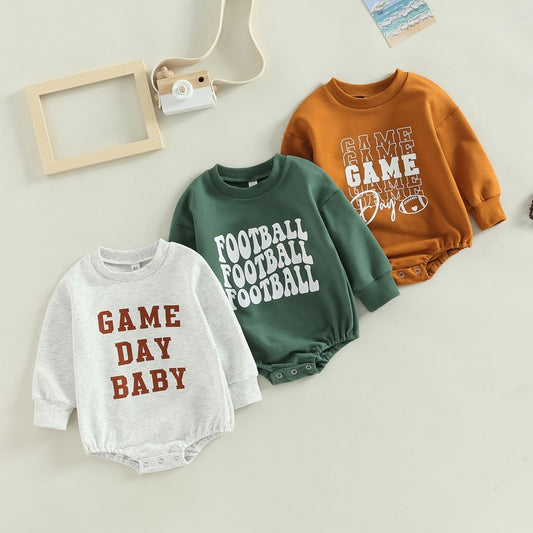 Infant Baby Boys Girls  Bodysuit Long Sleeve Crew Neck Game Day Baby Football Print Jumpsuit Bubble Romper