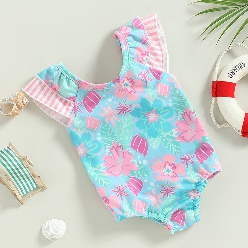 Infant Baby Girl Swimsuits Ruffle Trim Floral Print Flutter Sleeves Swimwear Beachwear