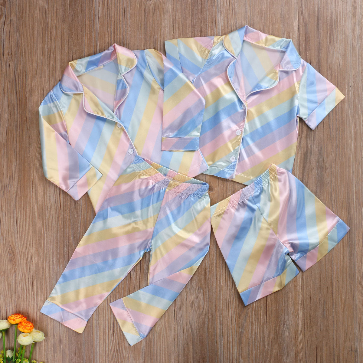 2 Pcs Rainbow Girl Pajamas Set Toddler Short/Long Sleeve Cardigan Elastic Waist Pants