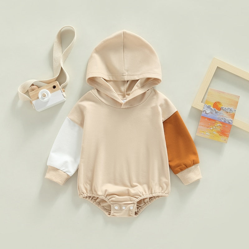 Infant Baby Boys Girls Bodysuit Long Sleeve Hooded Color Block Bodysuit Bubble Romper