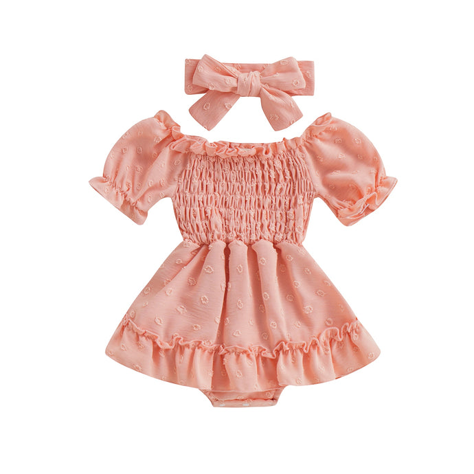 Infant Baby Girls Dress Short Sleeve Ruched Dress Circle Pattern and Headband Bow Outfit