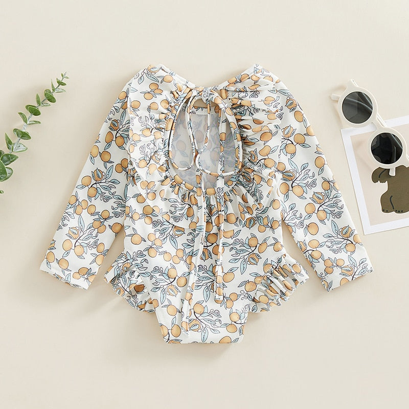 Kids Girl Swimsuits Floral Print Long Sleeve Ruffles Jumpsuit Swimwear Beachwear Bathing Suits