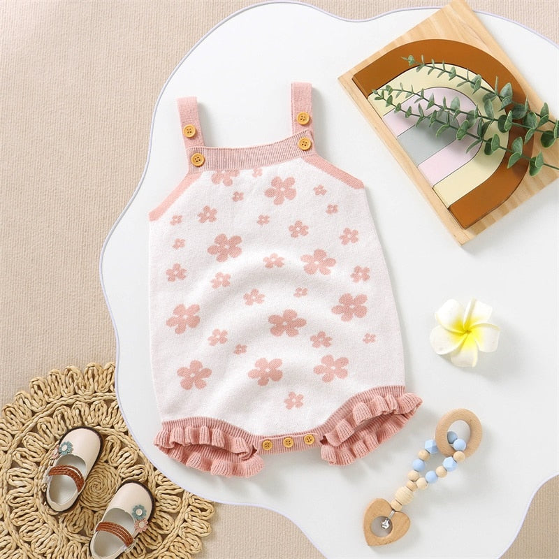 Baby Girls Spring Bodysuit Summer KnitTank Top Ruffle Trim Floral Playsuit Jumpsuit Romper