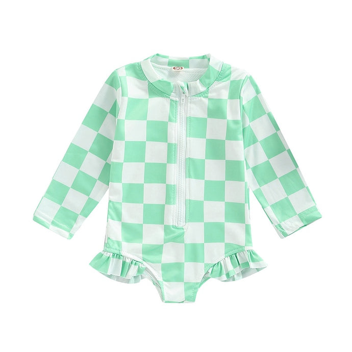 Children Baby Toddler Kids Girls Swimwear Ruffle Checkerboard Printed Zipper Long Sleeve Bodysuits Swimsuits Bathing Suits Rash Guard