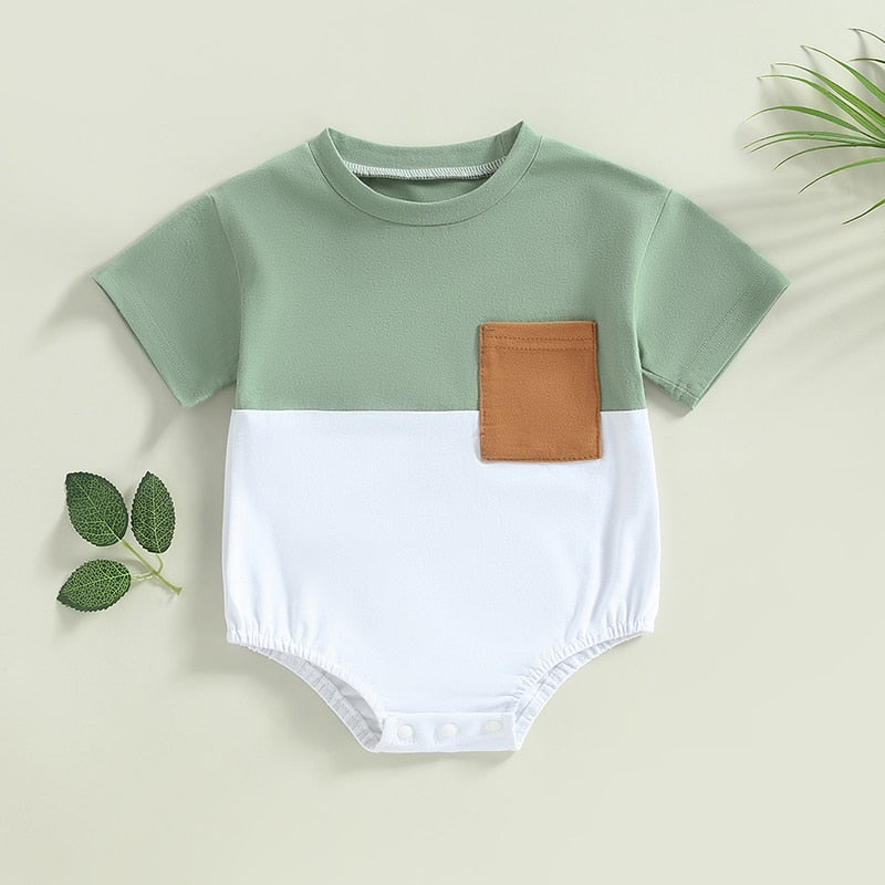 Infant Baby Boys Girls Casual Bodysuit Color Block Short Sleeve Crew Neck Pocket Jumpsuits Bubble Romper