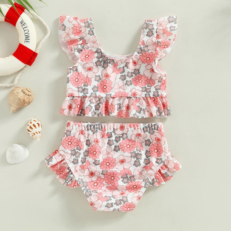 Toddler Baby Girl 2Pcs Bikini Set Flower Bison Print Flutter Sleeve Bathing Swimsuit