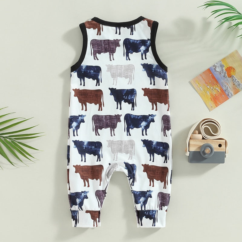 Infant Baby Boy Western Romper Clothes Tank Top Round Neck Cow Print Jumpsuit Playsuit