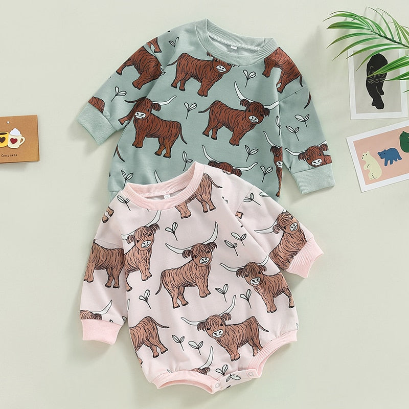 Baby Boy Girl Bodysuit Long Sleeve Crew Neck Bison Highland Cow Bull Print Bubble Romper