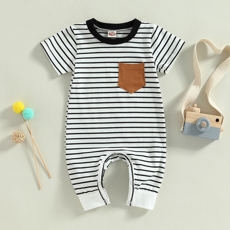 Infant Baby Boys Jumpsuit Crew Neck Color Block Short Sleeve Striped Pocket Romper