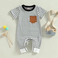 Load image into Gallery viewer, Infant Baby Boys Jumpsuit Crew Neck Color Block Short Sleeve Striped Pocket Romper
