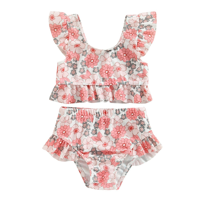 Toddler Baby Girl 2Pcs Bikini Set Flower Bison Print Flutter Sleeve Bathing Swimsuit