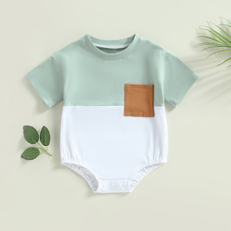 Infant Baby Boys Girls Casual Bodysuit Color Block Short Sleeve Crew Neck Pocket Jumpsuits Bubble Romper