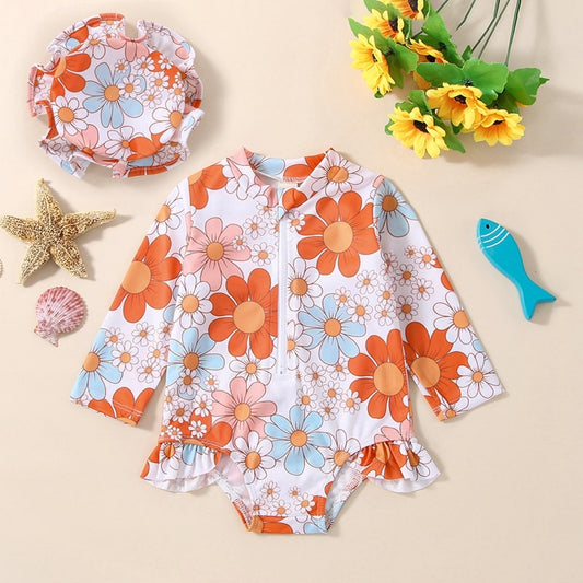 Infant Girls Summer Swimsuit Flower Print Long Sleeve Zipper Closure Ruffle Rash guard Swimming Cap