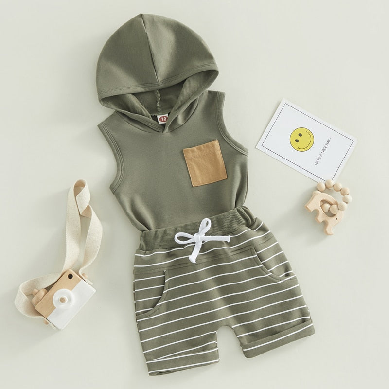 Baby Toddler Boys Summer 2PCS Outfit Hoodie Tank Top Striped Drawstring Shorts