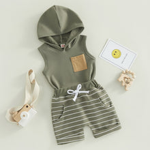 Load image into Gallery viewer, Baby Toddler Boys Summer 2PCS Outfit Hoodie Tank Top Striped Drawstring Shorts
