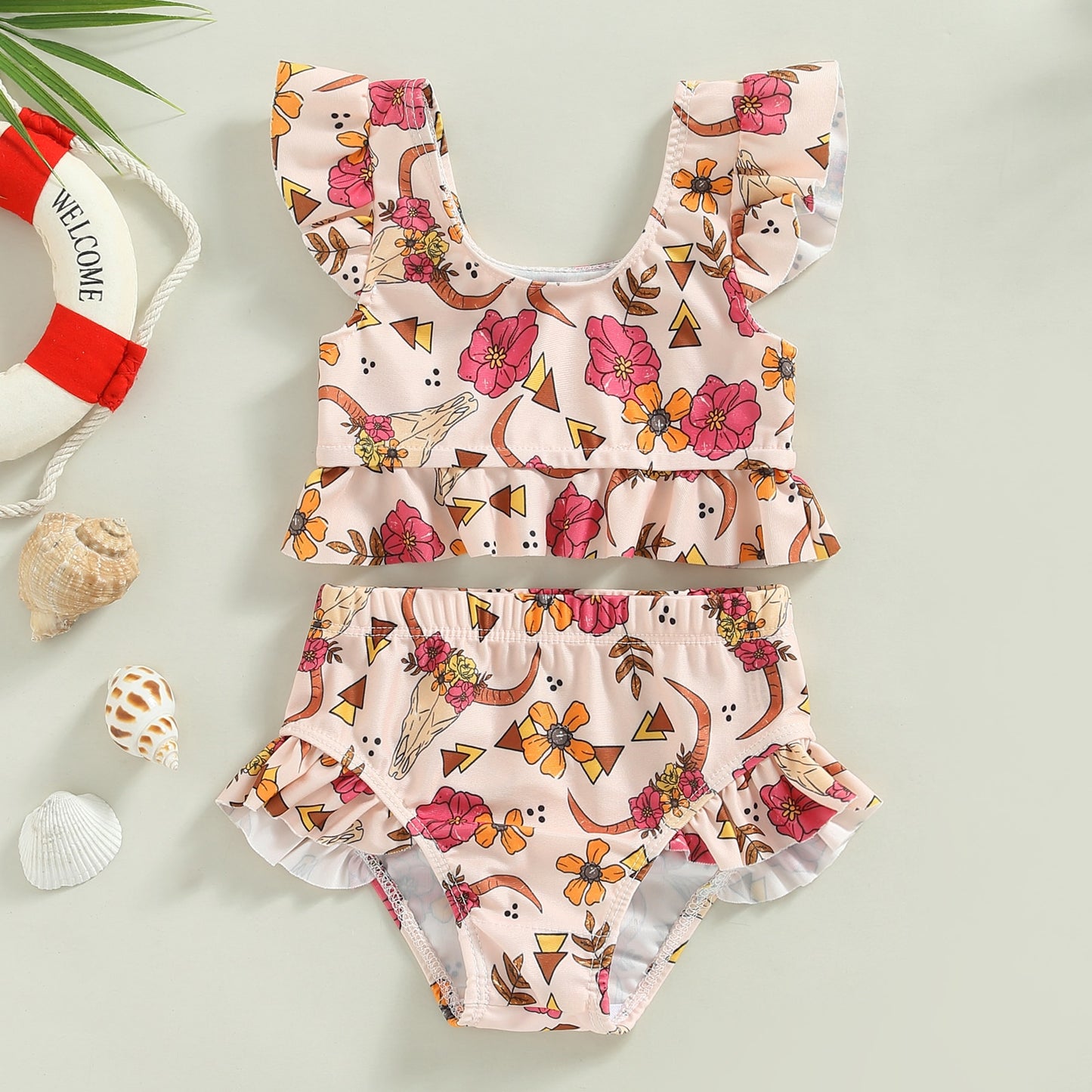 Toddler Baby Girl 2Pcs Bikini Set Flower Bison Print Flutter Sleeve Bathing Swimsuit