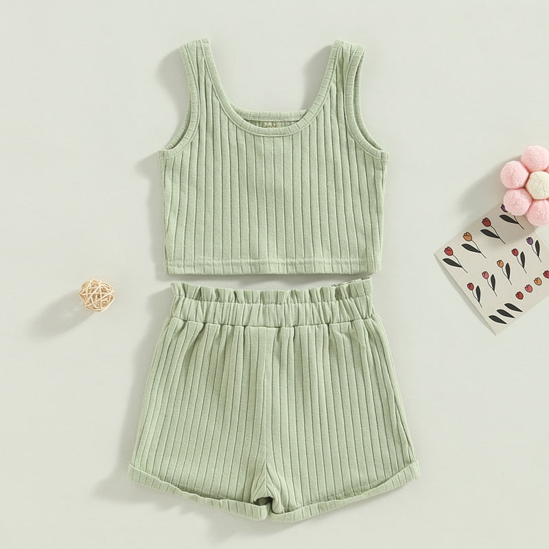 Baby Toddler Girls 2Pcs Summer Outfit Solid Button Tank Top and Ribbed Drawstring Shorts