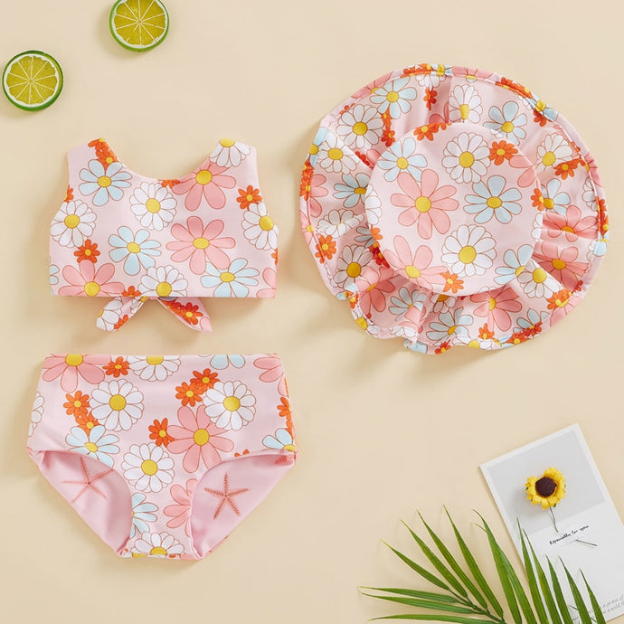 Baby Toddler Girls Summer 3PCS Swimwear Sets Bow Tank Tops Floral Bottoms and  Hat