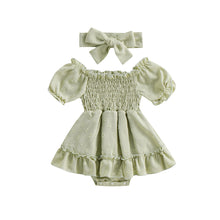 Load image into Gallery viewer, Infant Baby Girls Dress Short Sleeve Ruched Dress Circle Pattern and Headband Bow Outfit
