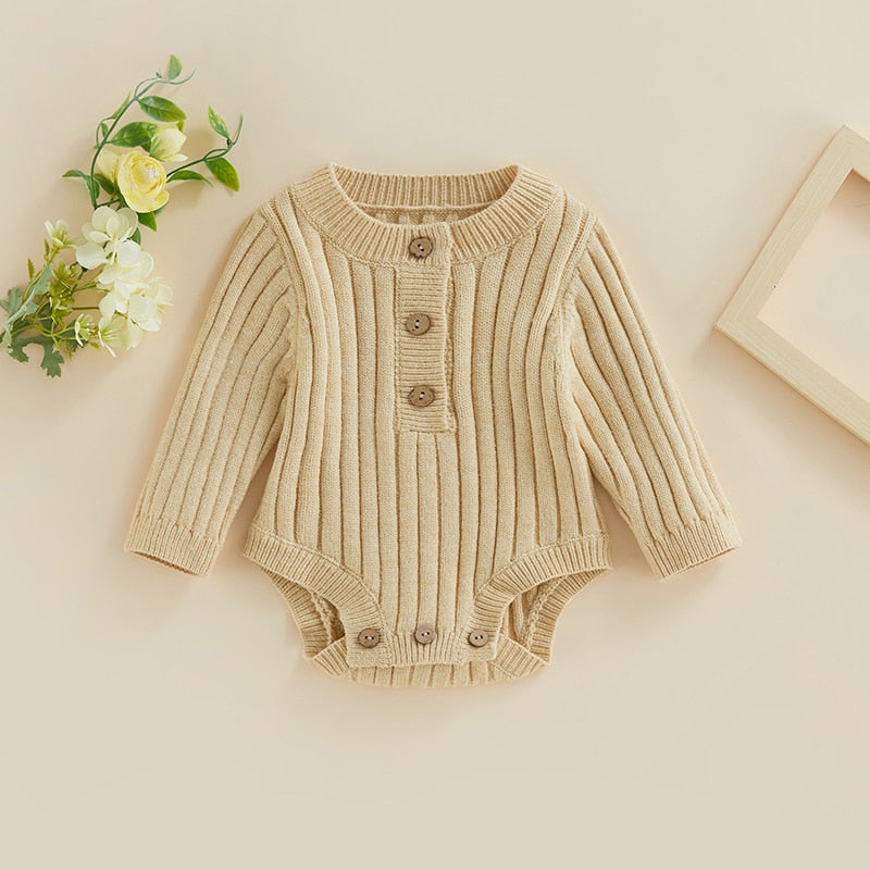 Infant Baby Girl Boy Knit Bodysuit Long Sleeve Crew Neck Solid Color Fall Winter Jumpsuit Romper