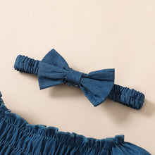 Load image into Gallery viewer, Baby Girl 2Pcs Casual Bodysuit Short Sleeve Off Shoulder Pleated Short Denim Jumpsuit Head Band Set Bubble Romper
