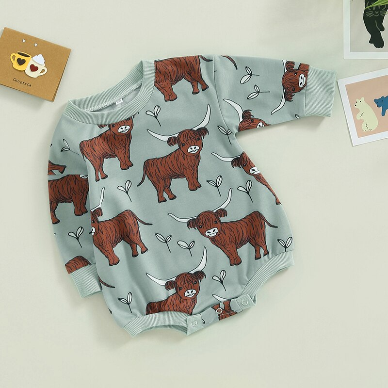 Baby Boy Girl Bodysuit Long Sleeve Crew Neck Bison Highland Cow Bull Print Bubble Romper