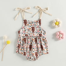 Load image into Gallery viewer, Infant Baby Girls Bodysuit Sling Romper Tie Tank Top Cattle Cow Head Floral Print Bubble Romper
