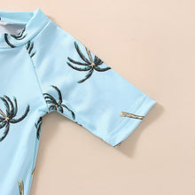 Load image into Gallery viewer, Toddler Girls Boys Summer Romper Swimwear Blue Short Sleeve Tropical Palm Tree Print Zipper Romper
