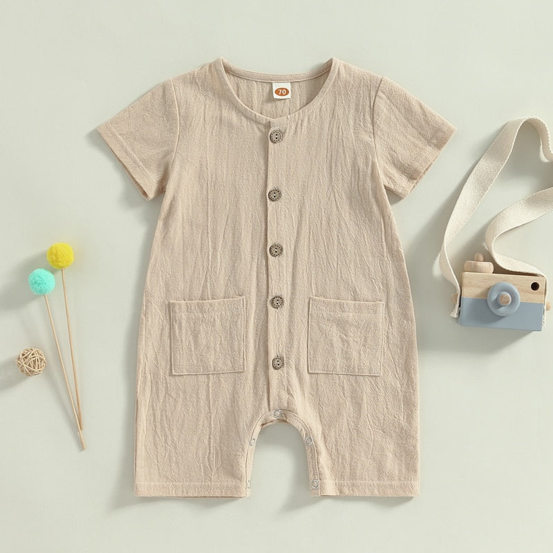 Baby Boys Girls Jumpsuit Solid Color Striped Short Sleeve Button Down Romper