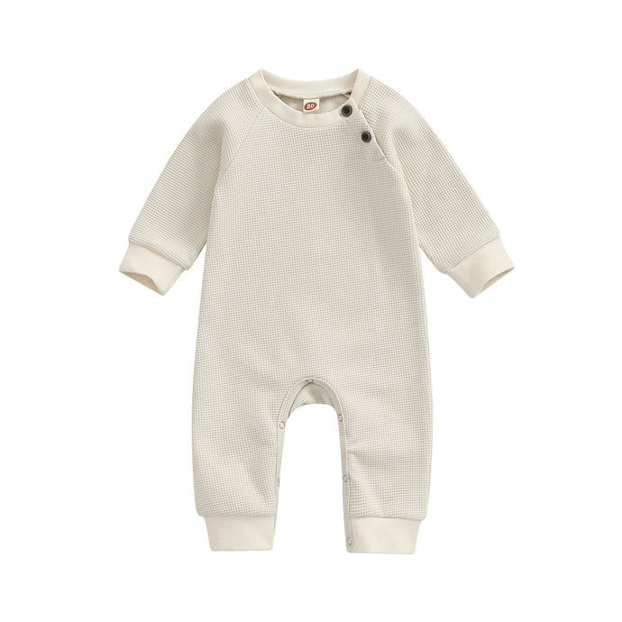 Infant Baby Boy Girl Jumpsuit Solid Color Waffle Long Sleeve Round Neck Snap Closure Romper