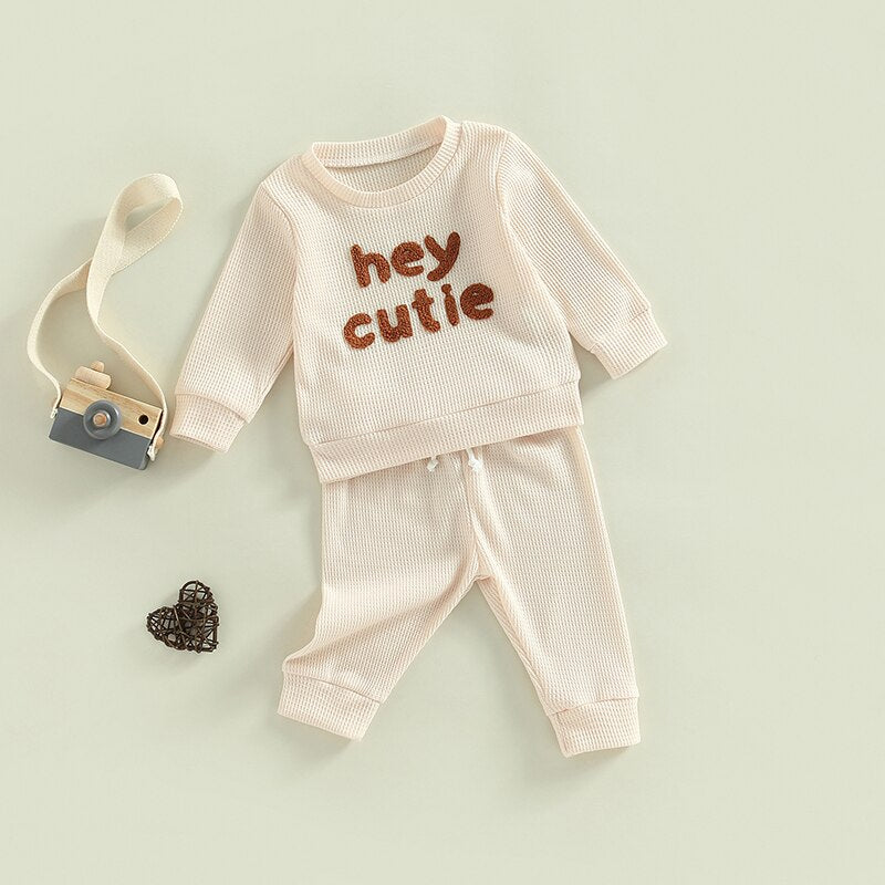 Toddler Baby Girl Boy 2Pcs Hey Cutie Outfit Long Sleeve Ribbed Knit Tops Pants Set