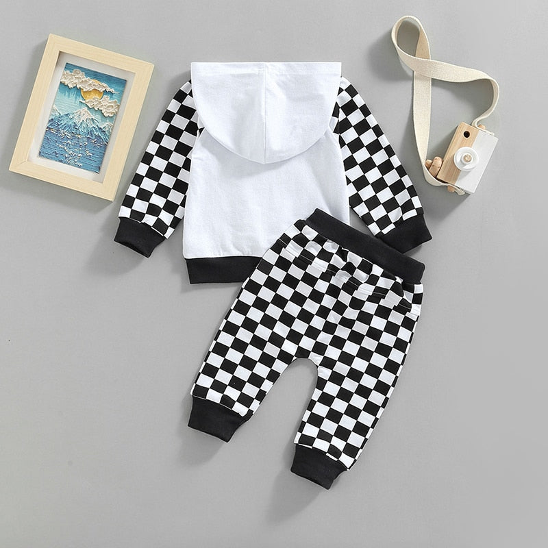 Baby Toddler Girl Boy Outfit 2Pcs Set Plaid Long Sleeve Hoodie with Pockets Elastic Drawstring Waist Pants