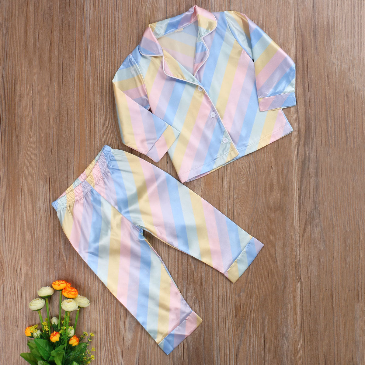 2 Pcs Rainbow Girl Pajamas Set Toddler Short/Long Sleeve Cardigan Elastic Waist Pants