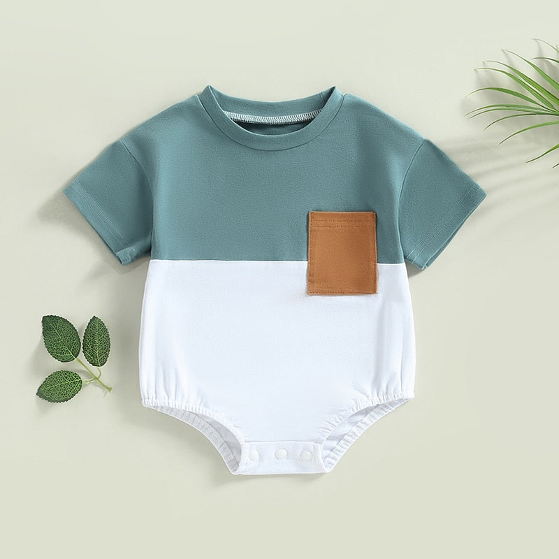 Infant Baby Boys Girls Casual Bodysuit Color Block Short Sleeve Crew Neck Pocket Jumpsuits Bubble Romper