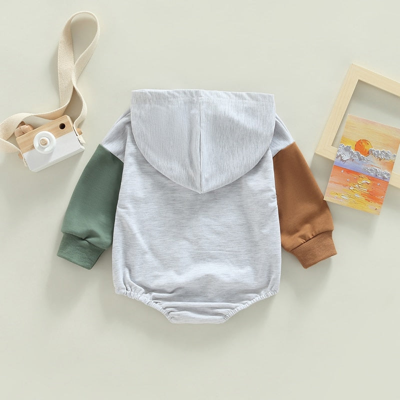 Infant Baby Boys Girls Bodysuit Long Sleeve Hooded Color Block Bodysuit Bubble Romper