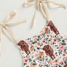 Load image into Gallery viewer, Infant Baby Girls Bodysuit Sling Romper Tie Tank Top Cattle Cow Head Floral Print Bubble Romper
