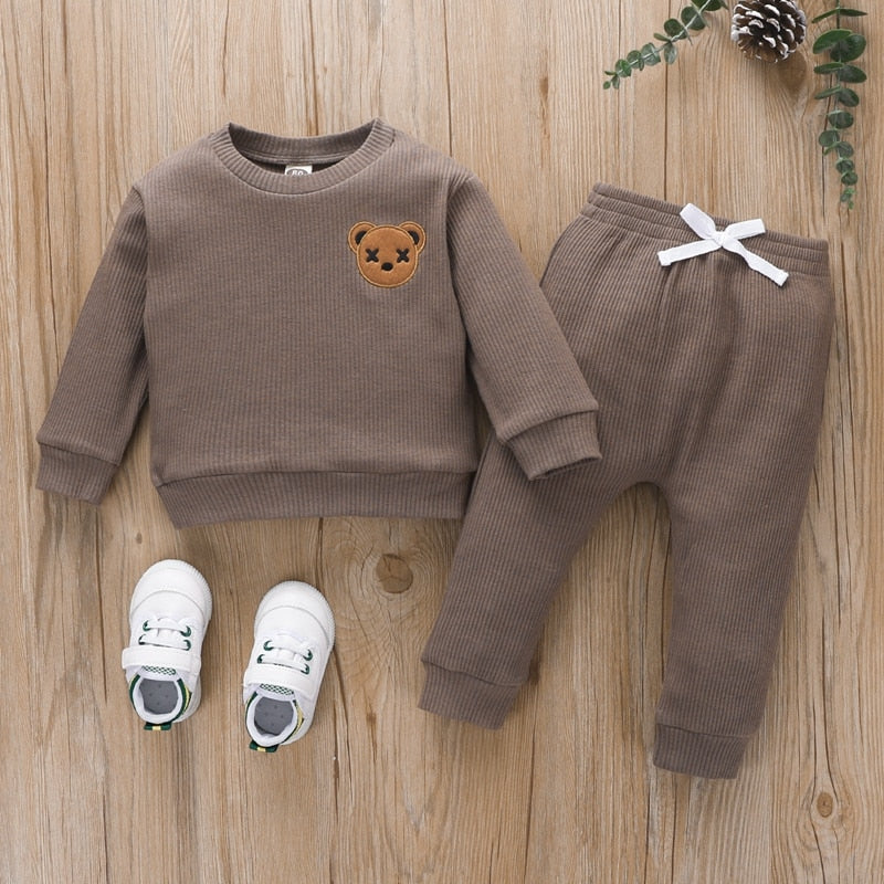 2 Piece Autumn Teddy Bear Print Baby Toddler Boy Girl Ribbed Long Sleeve And Pants Set