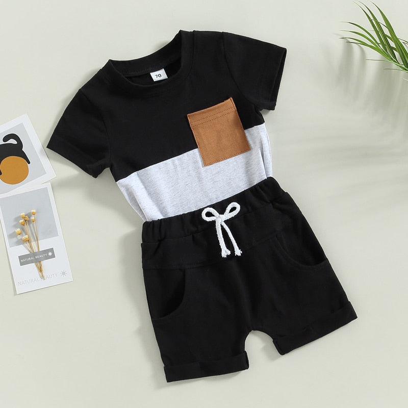 Baby Toddler Boys 2Pcs Outfit Set Short Sleeve Pocket Contrast Color Tee Solid Drawstring Shorts