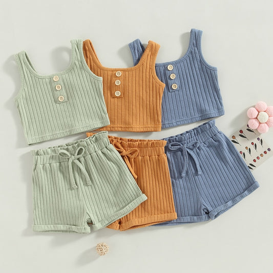 Baby Toddler Girls 2Pcs Summer Outfit Solid Button Tank Top and Ribbed Drawstring Shorts