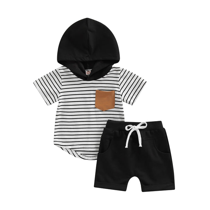 Adorable Baby Toddler Boy Striped Short Sleeve Hoodie Top With Pocket And Matching Shorts