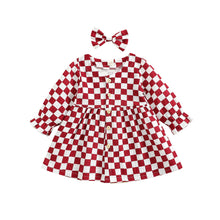 Load image into Gallery viewer, 2 Piece Baby Toddler Girl Plaid Long Sleeve Checkered Dress With Match Hair Piece
